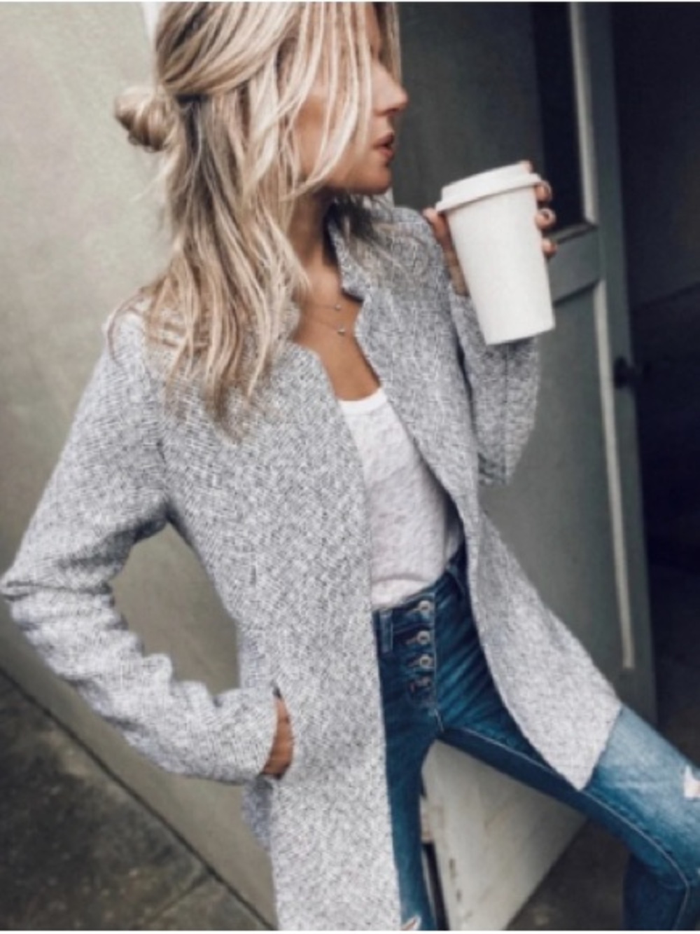Vici Gray Herringbone Open-Front Blazer